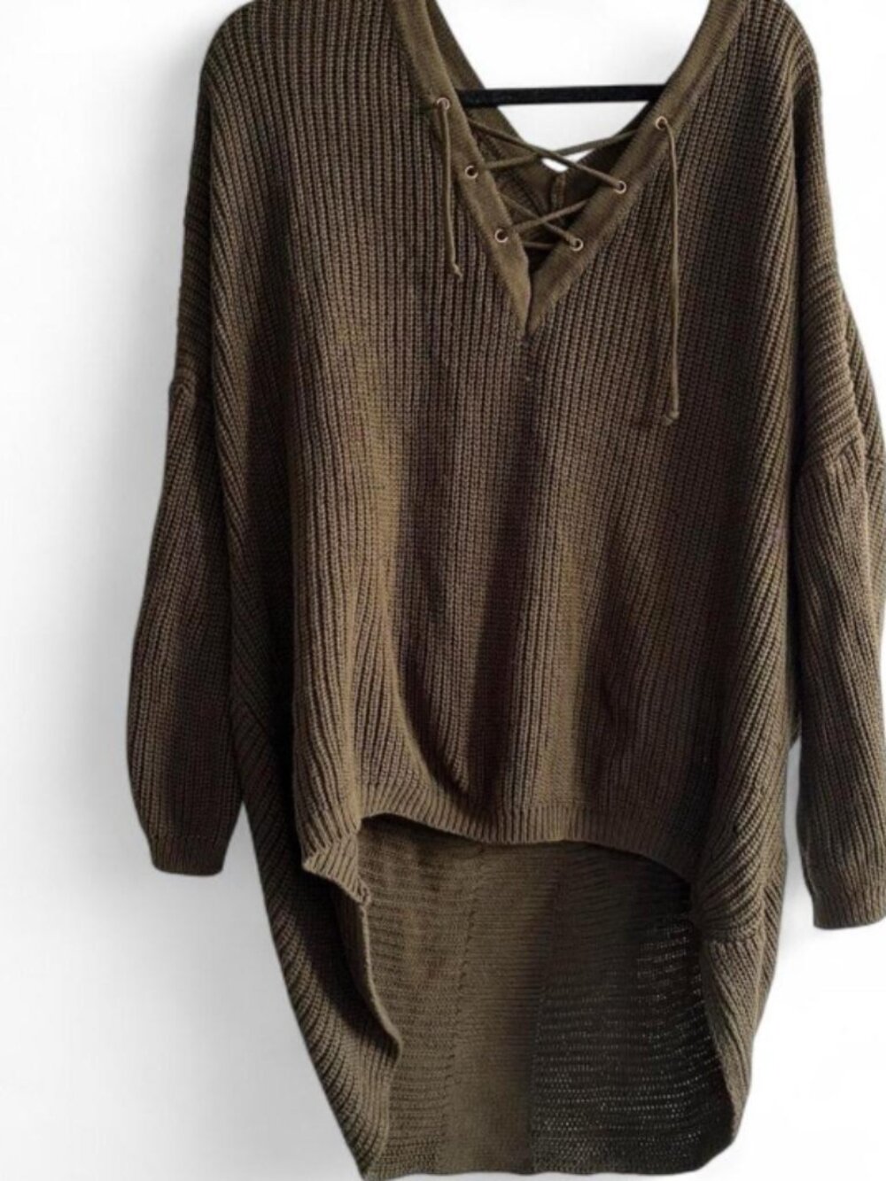 Altar'd State olive green lace-up sweater | cotton blend | oversized high-low kn